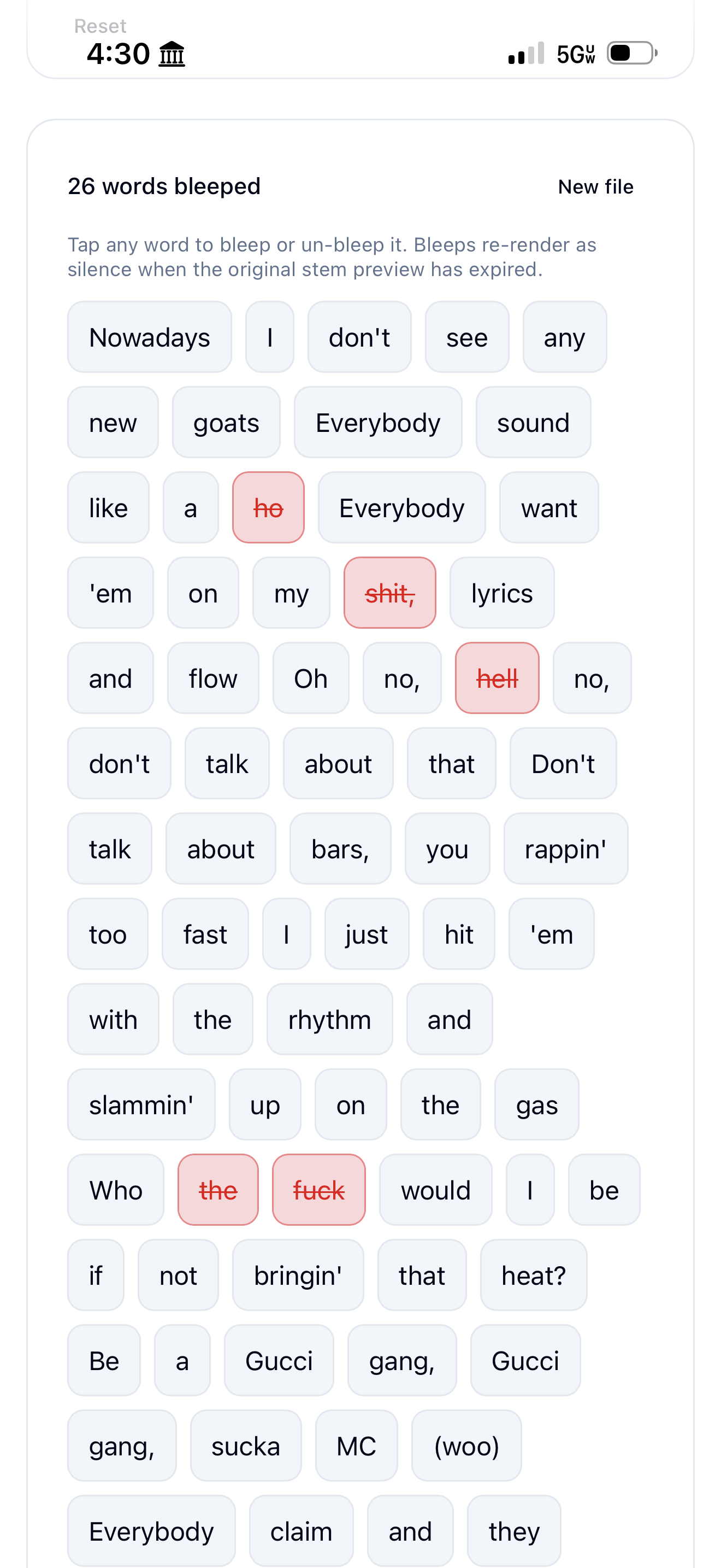 Bleeper word-by-word censoring view